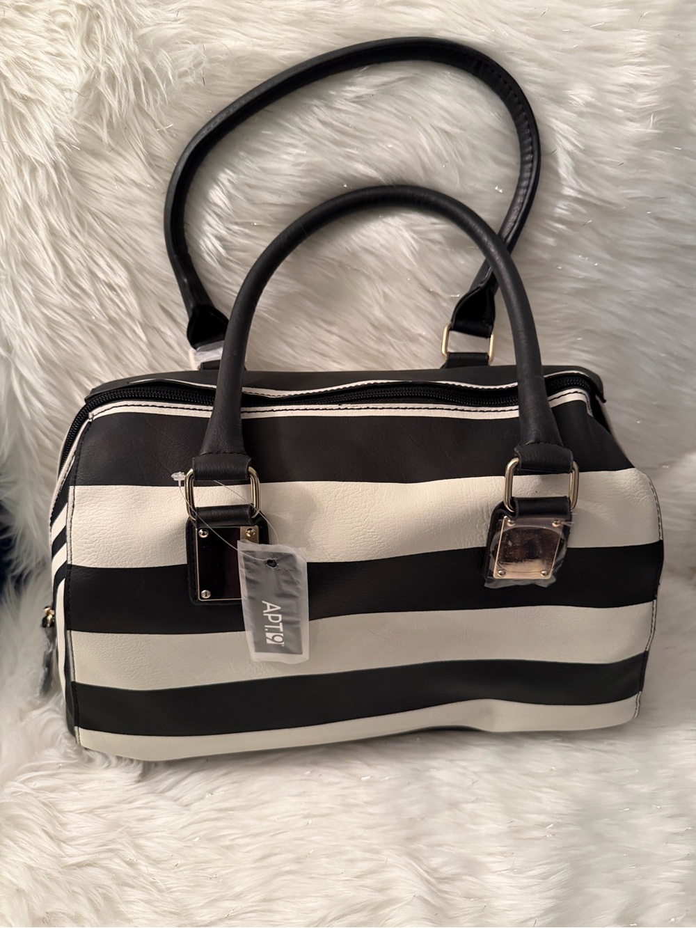 Apt. 9 Black and White Striped Satchel with Gold Hardware